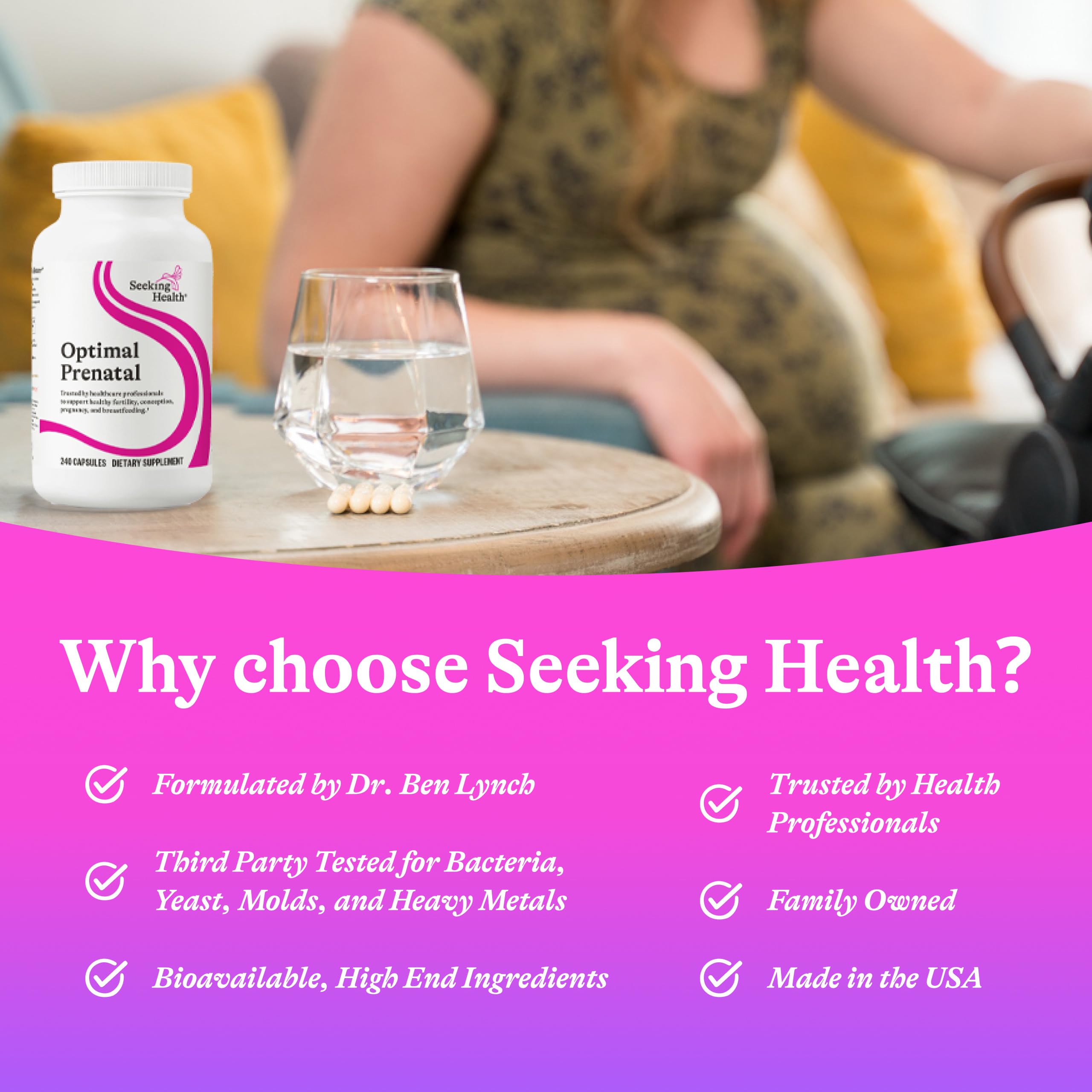 Seeking Health Optimal Prenatal pill row emphasizing B12, L-methylfolate, and choline benefits