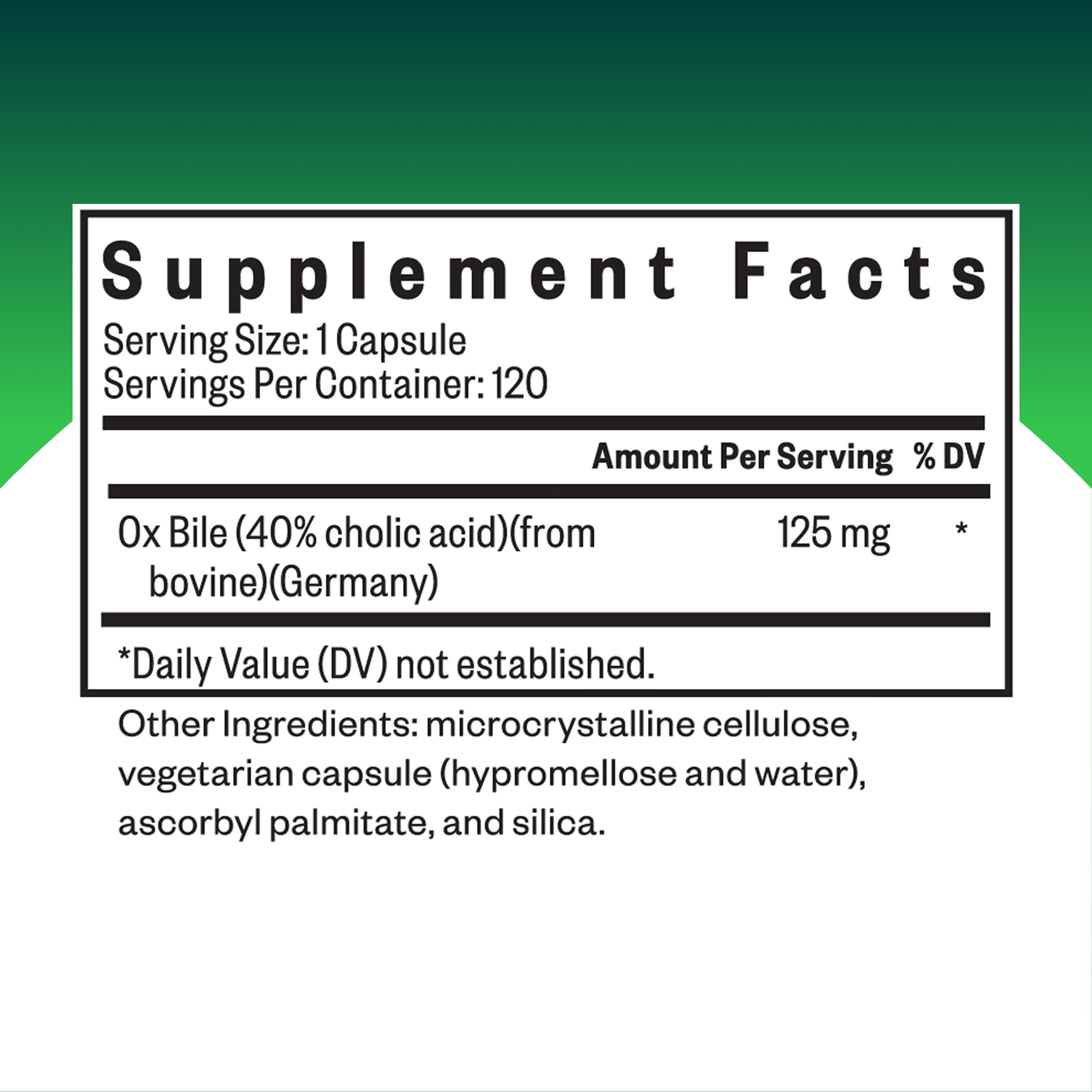 Seeking Health Ox Bile 125 bottle back with supplement facts and directions for use