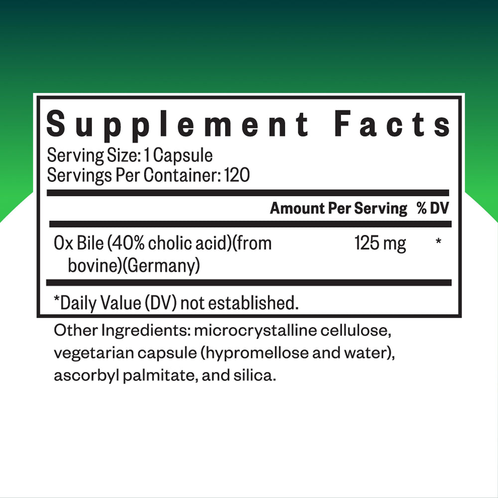 Seeking Health Ox Bile 125 bottle back with supplement facts and directions for use