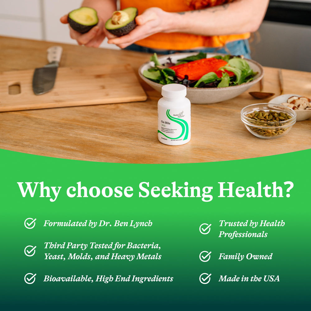 Seeking Health Ox Bile 125 packaging showing eco-friendly materials and trusted quality cues