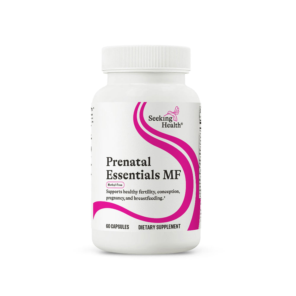 Seeking Health Prenatal Essentials MF bottle front with methyl-free formula for pregnancy support.