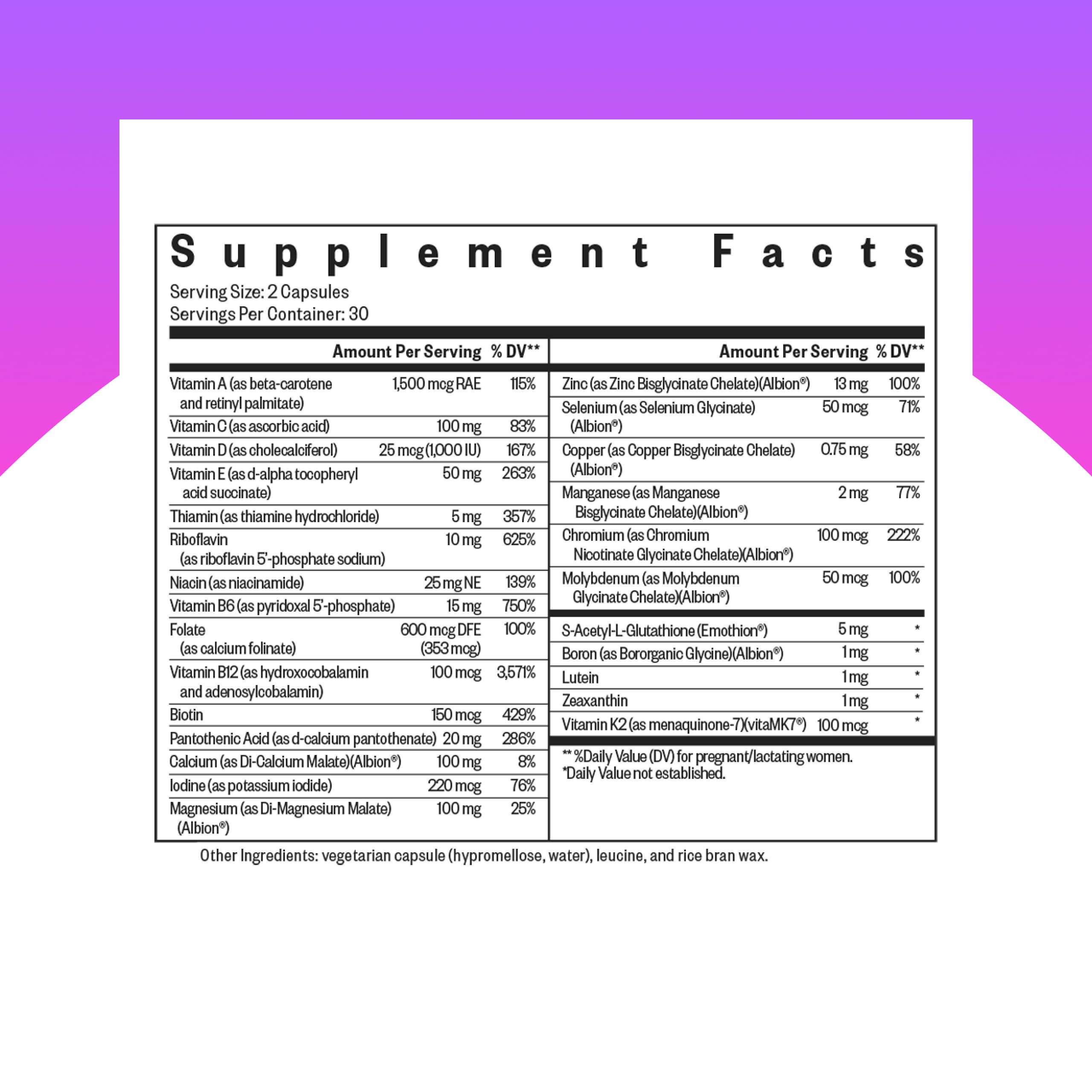 Seeking Health Prenatal Essentials MF capsules close-up highlighting zinc and B vitamins.