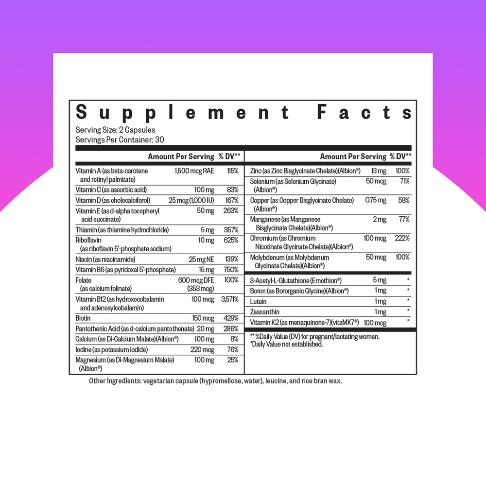 Seeking Health Prenatal Essentials MF capsules close-up highlighting zinc and B vitamins.