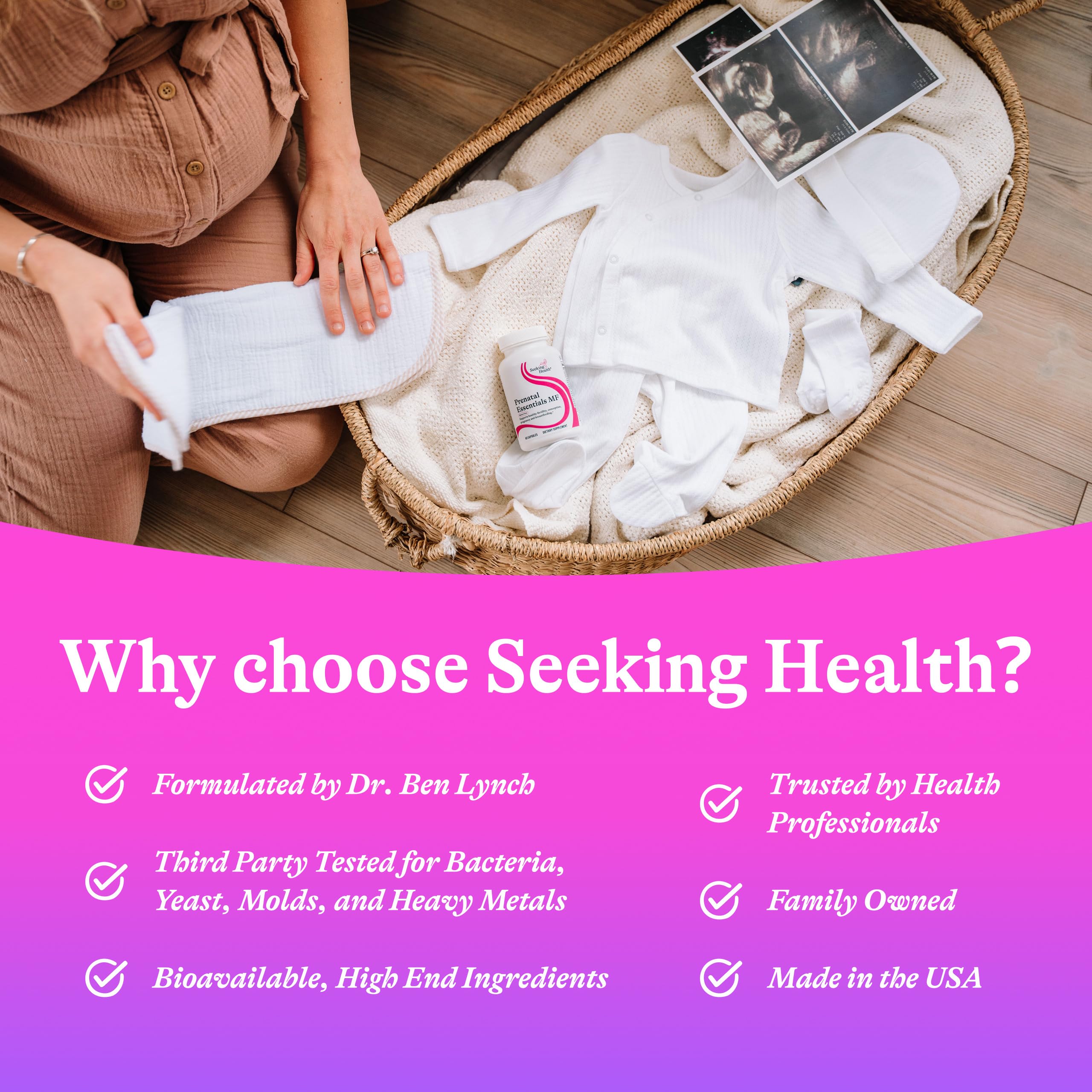 Seeking Health Prenatal Essentials MF ingredient panel highlights methyl-free commitment.