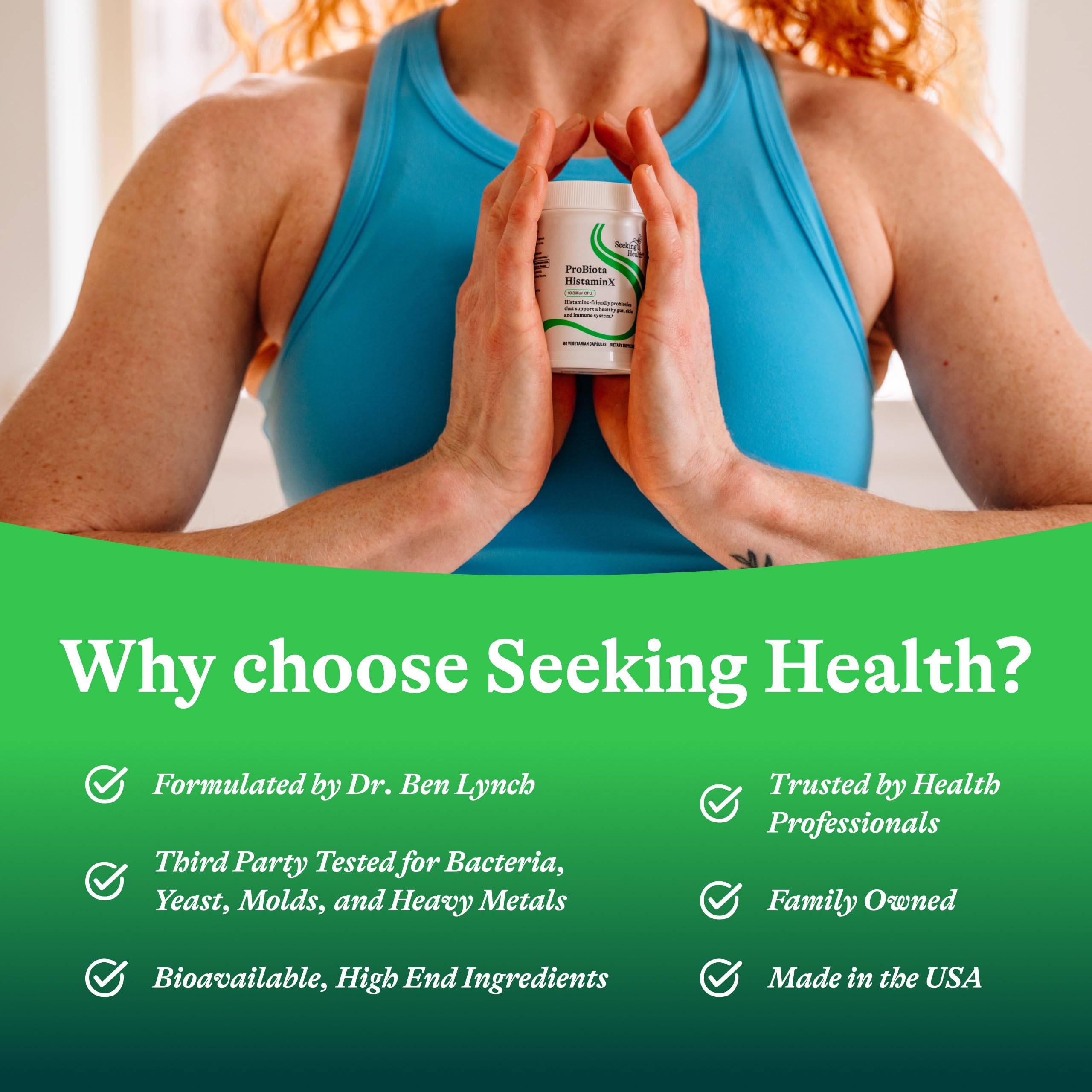 Seeking Health ProBiota HistaminX capsules in hand suggest portable daily support.