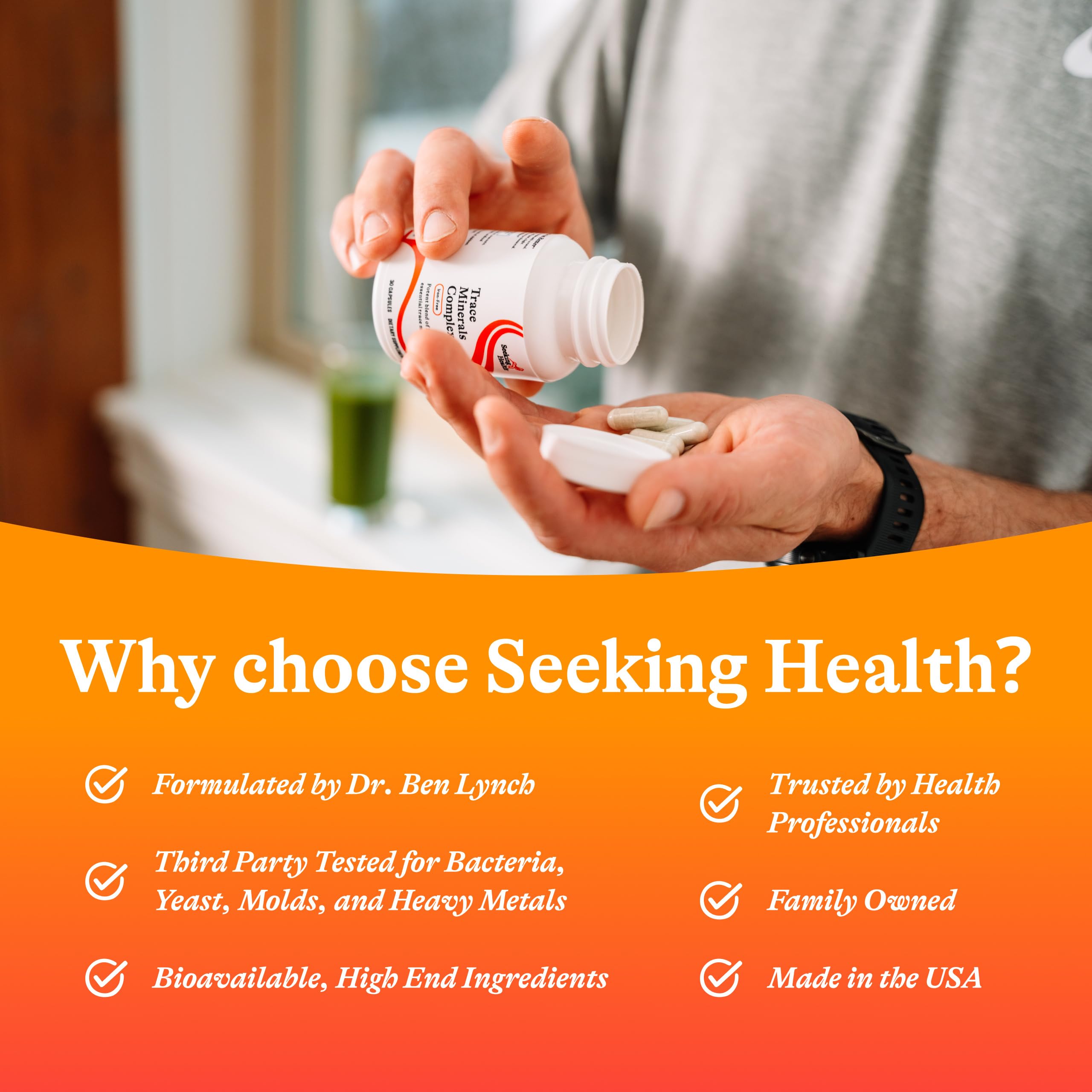 Seeking Health Trace Minerals Complex bottle on a wooden shelf