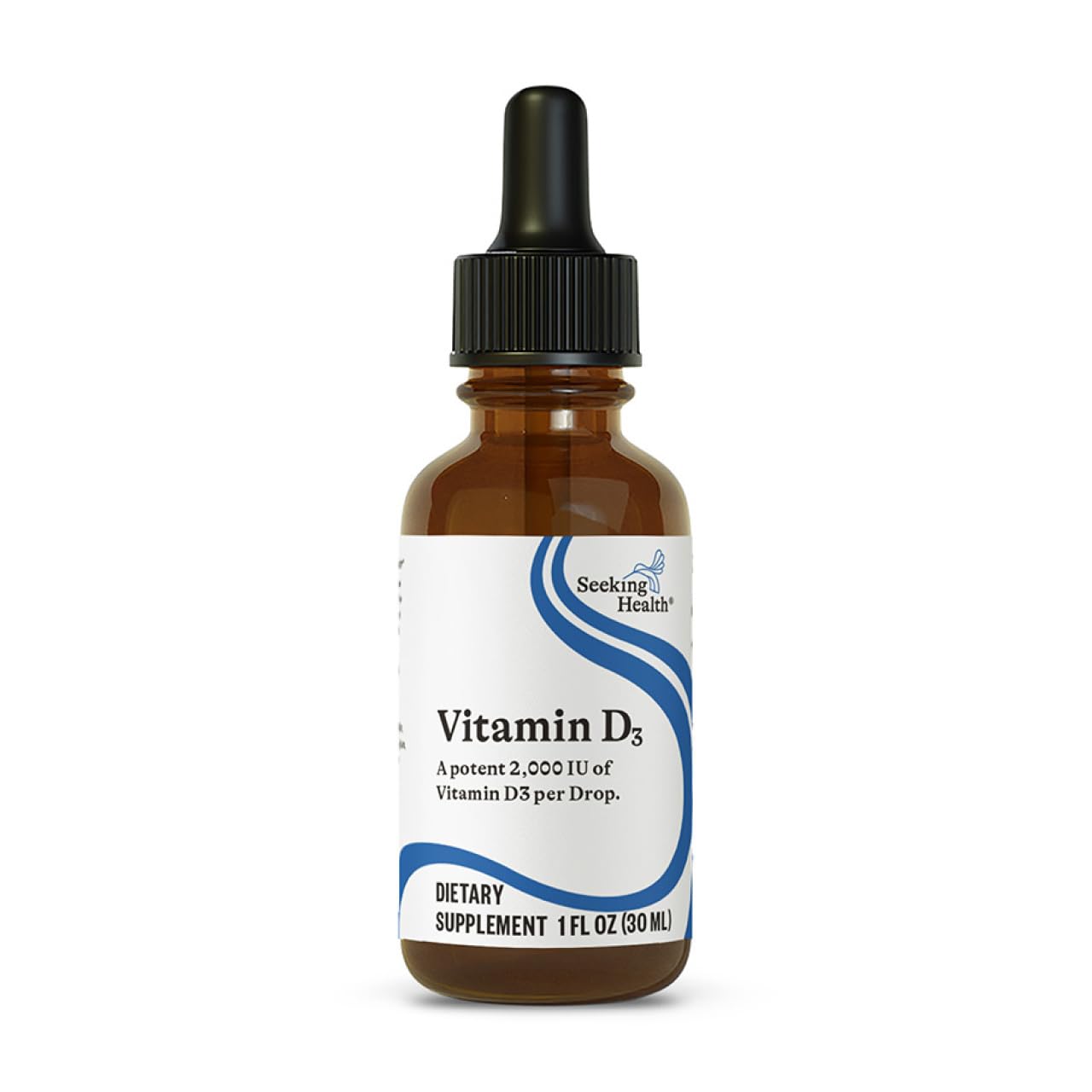 Seeking Health Vitamin D3 Drops bottle label highlights high-dose D3 for daily immune support