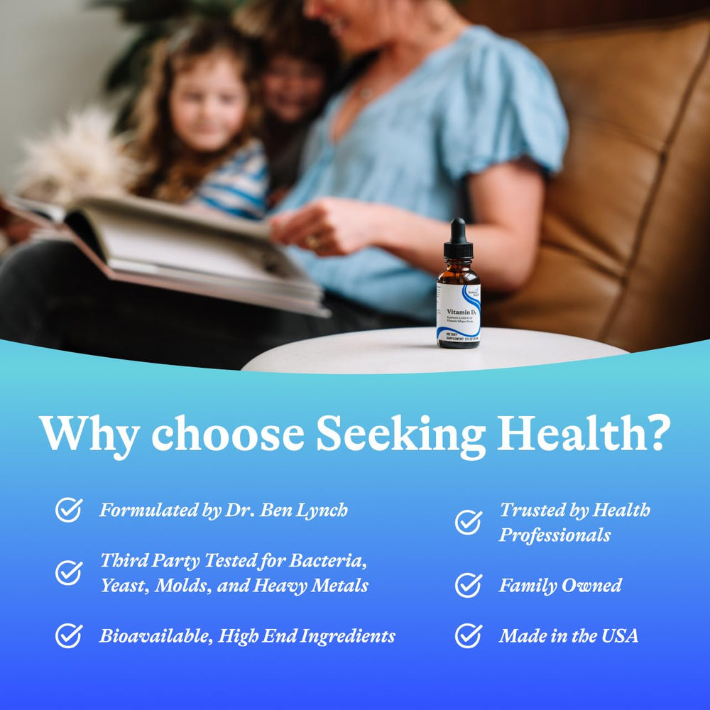 Seeking Health Vitamin D3 Drops close-up of ingredients highlights allergen-free formula