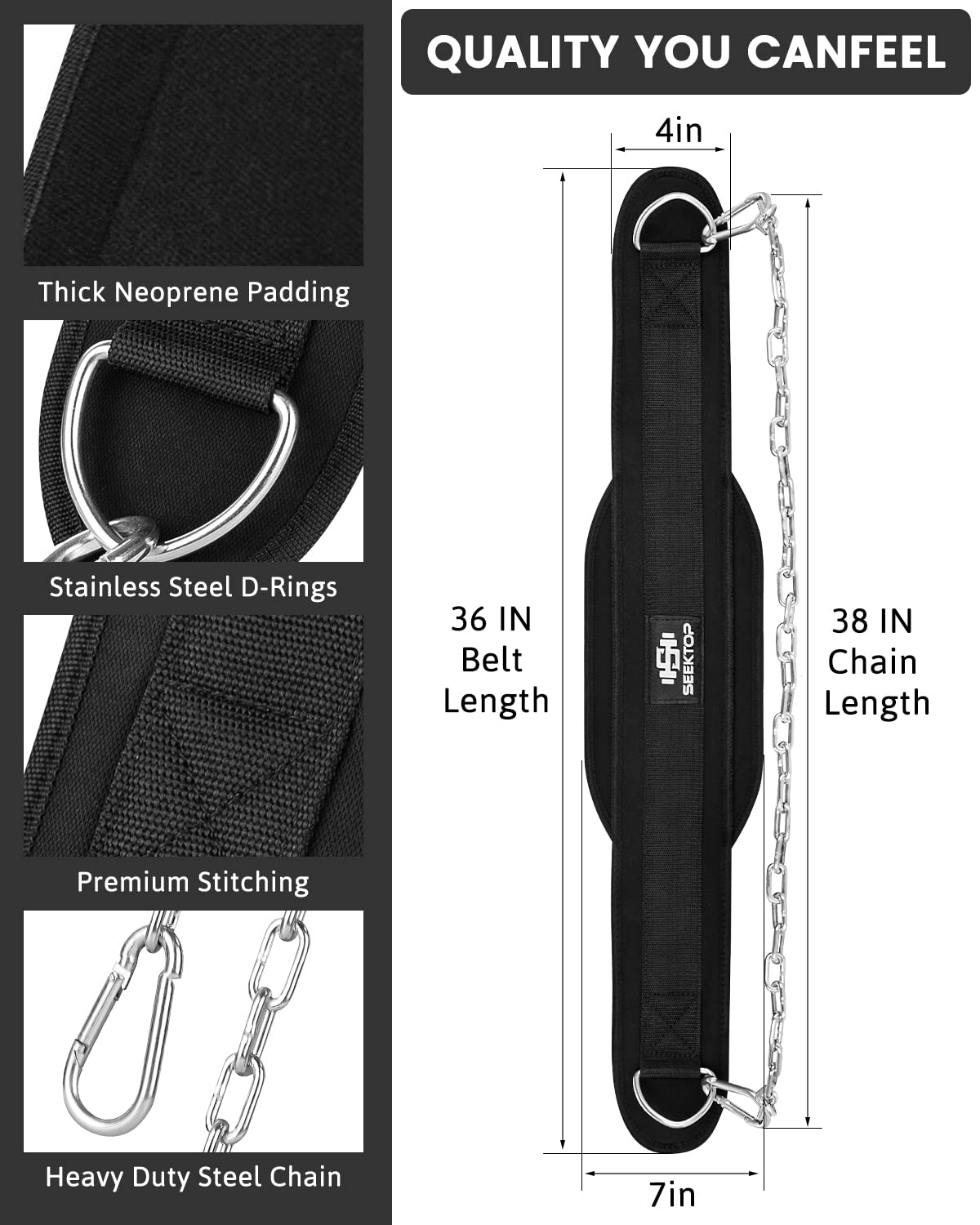 Seektop dip belt 38-inch chain, designed for smooth weight distribution.