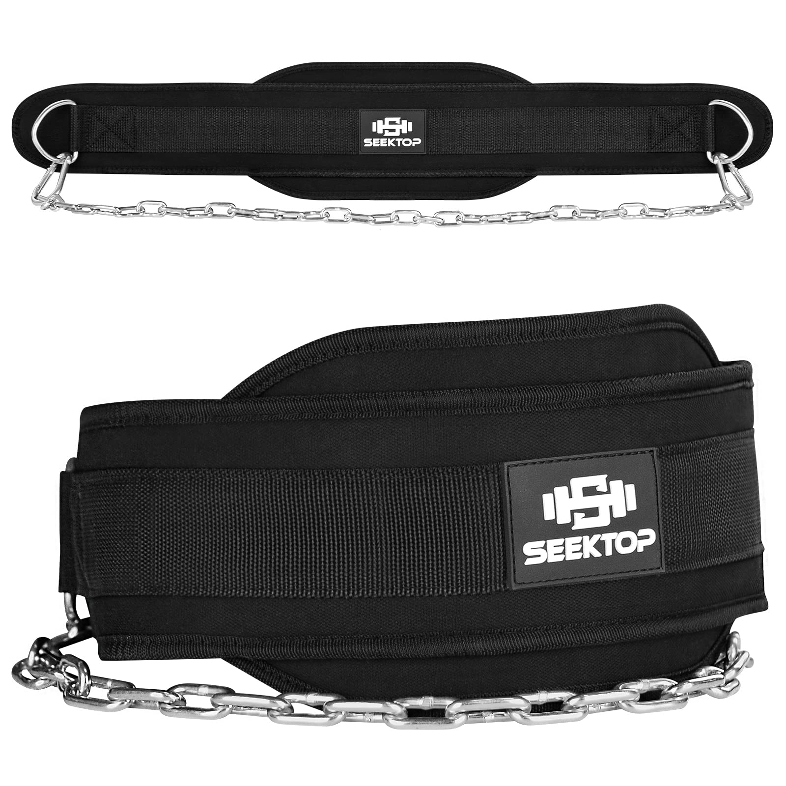 Seektop dip belt with chain close-up, highlighting rugged build for heavy training.