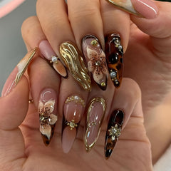 SEENEEY long-press almond brown nails with floral design for a stylish look.