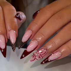 SEENEEY long-press nails stiletto brown with pink flowers for party-ready elegance.