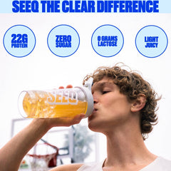 SEEQ Clear Blue Razz Freeze pour illustrating light, drinkable protein texture