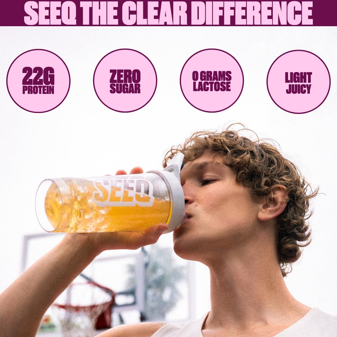 SEEQ Clear Whey Isolate Fruit Punch glass pour highlights fruity flavor
