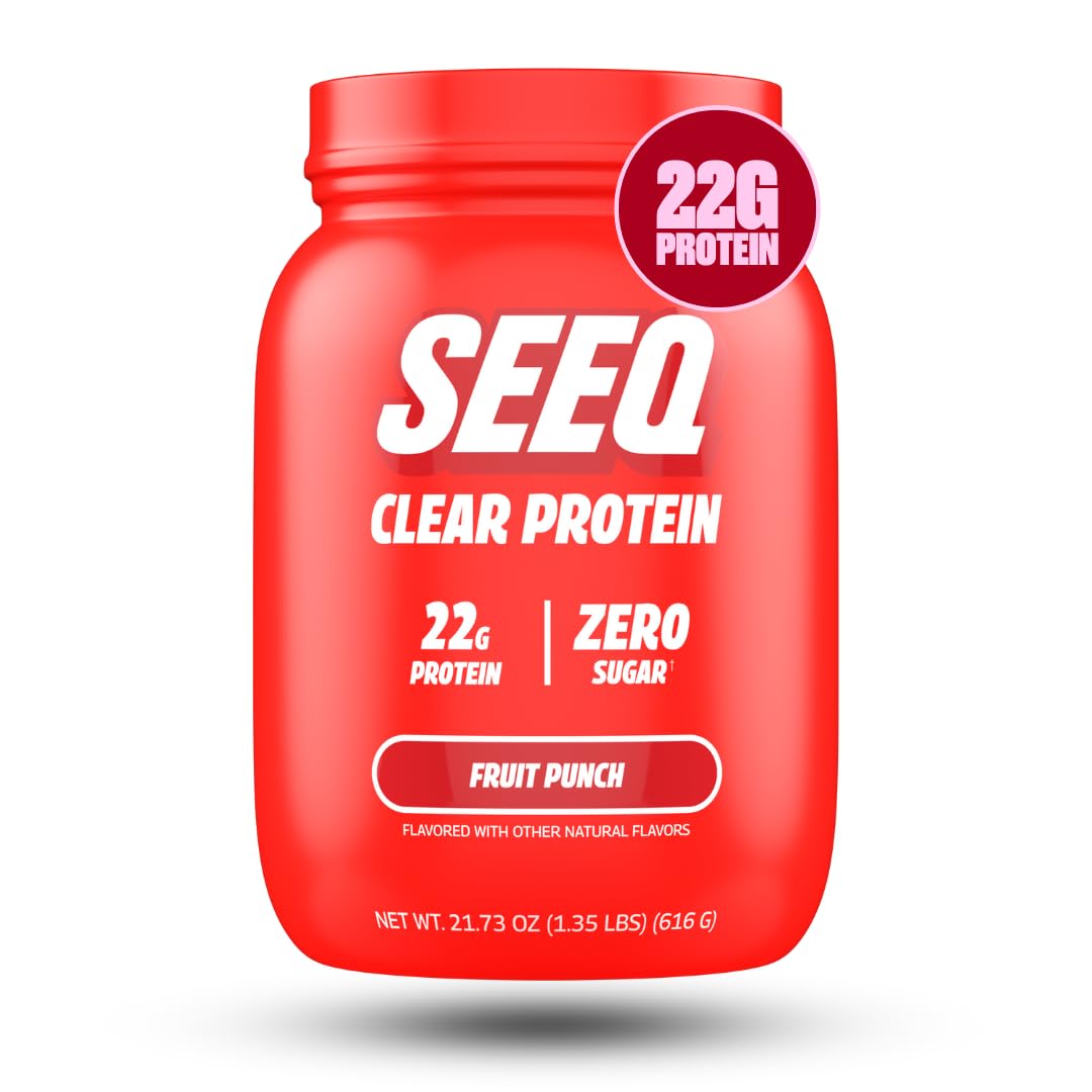 SEEQ Clear Whey Isolate Fruit Punch tub front showcases a refreshing protein option