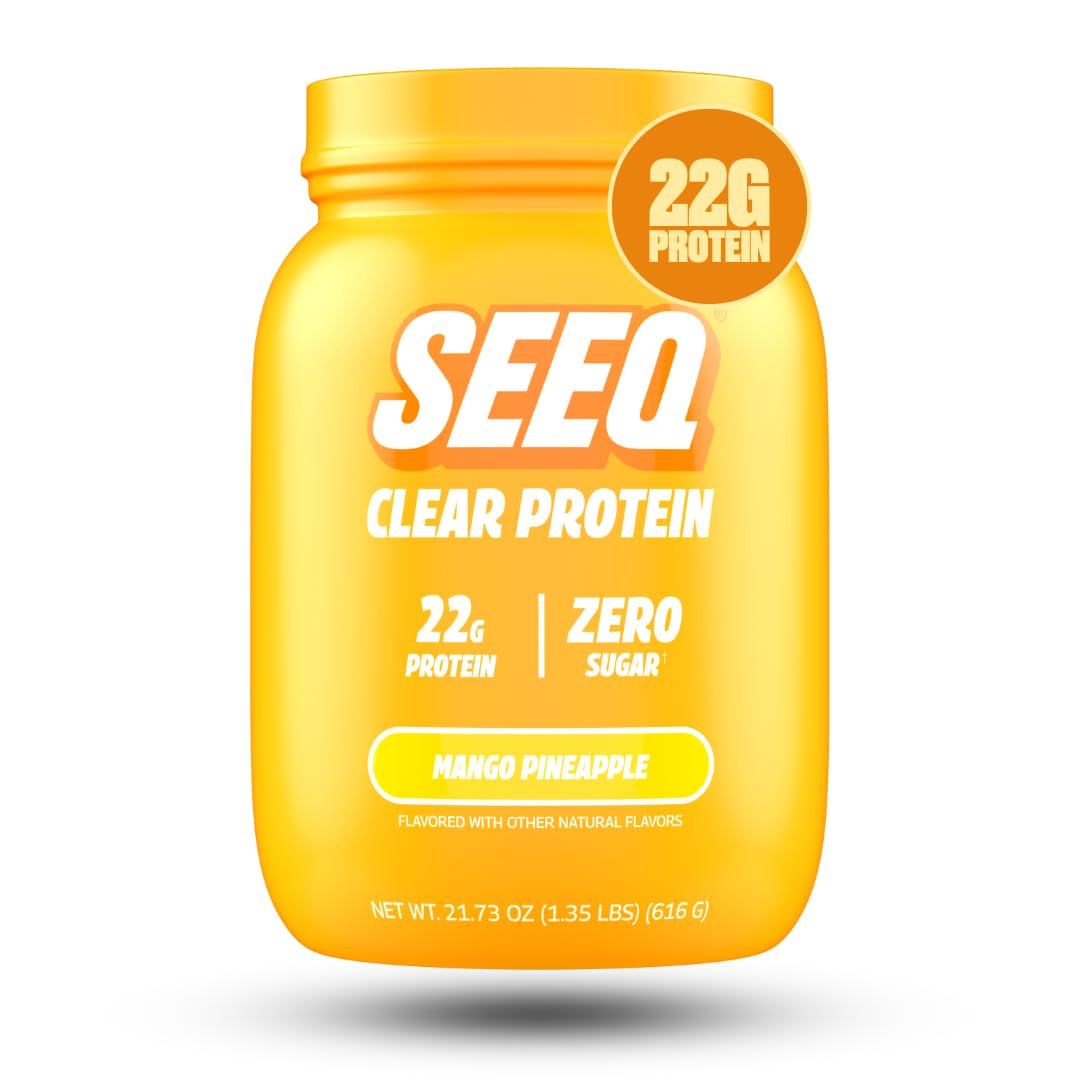 SEEQ Clear Whey Isolate Mango Pineapple tub highlights high-protein flavor for post-workout recovery.