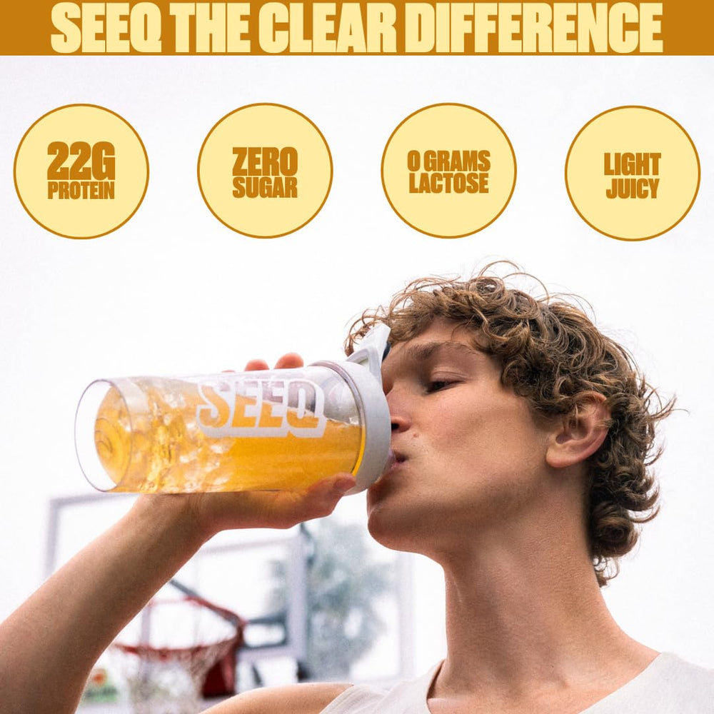 SEEQ Clear Whey Isolate shake in glass reflects a light, juice-like texture.