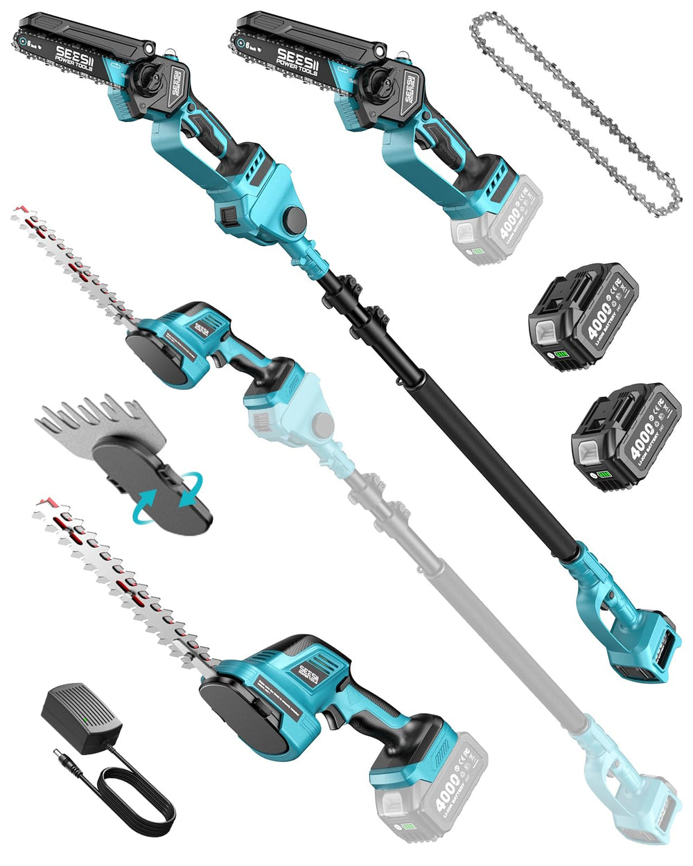 Seesii 6-in-1 pole saw and hedge trimmer combo in action for versatile garden care.