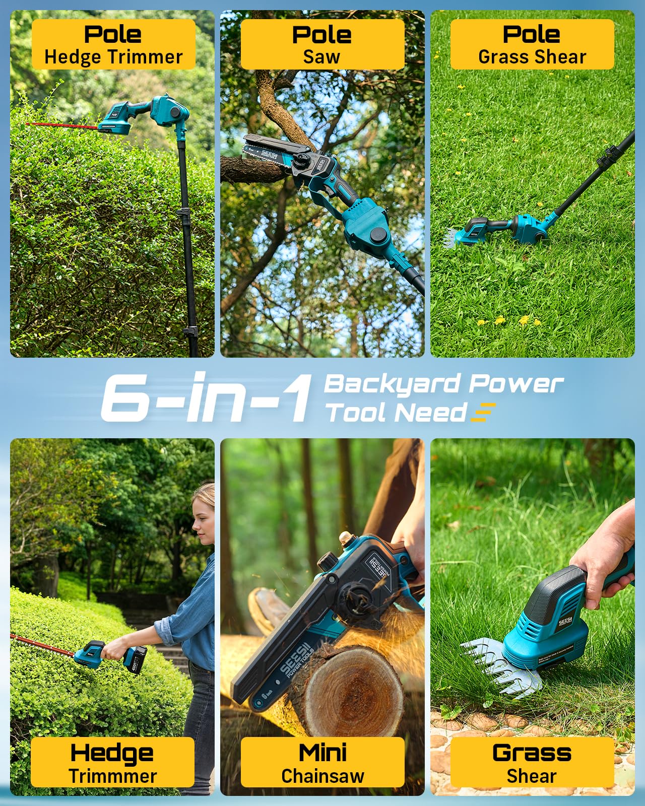 Seesii extendable pole saw reaches tall branches safely from ground.
