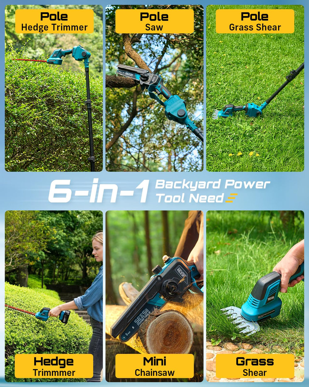 Seesii extendable pole saw reaches tall branches safely from ground.