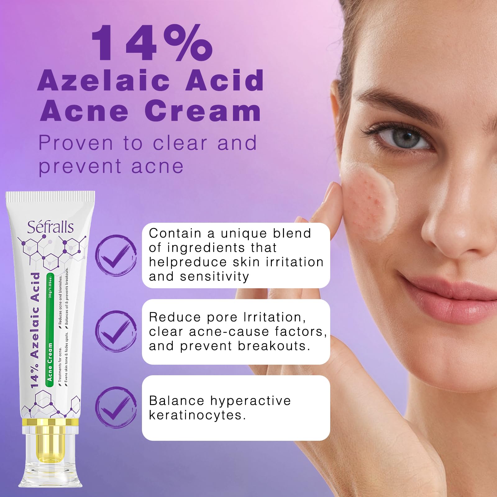 Sefralls azelaic acid cream texture closeup highlights creamy consistency for gentle application.