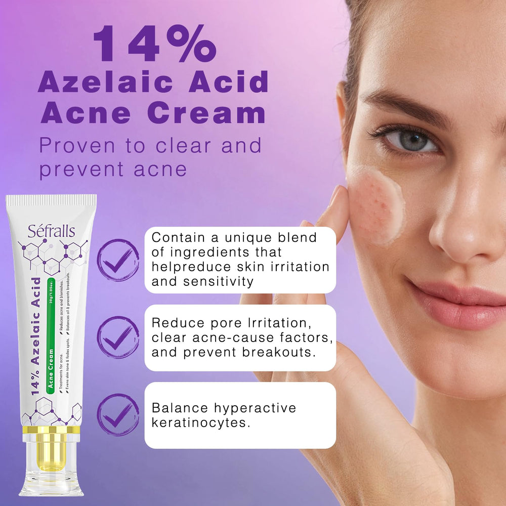 Sefralls azelaic acid cream texture closeup highlights creamy consistency for gentle application.