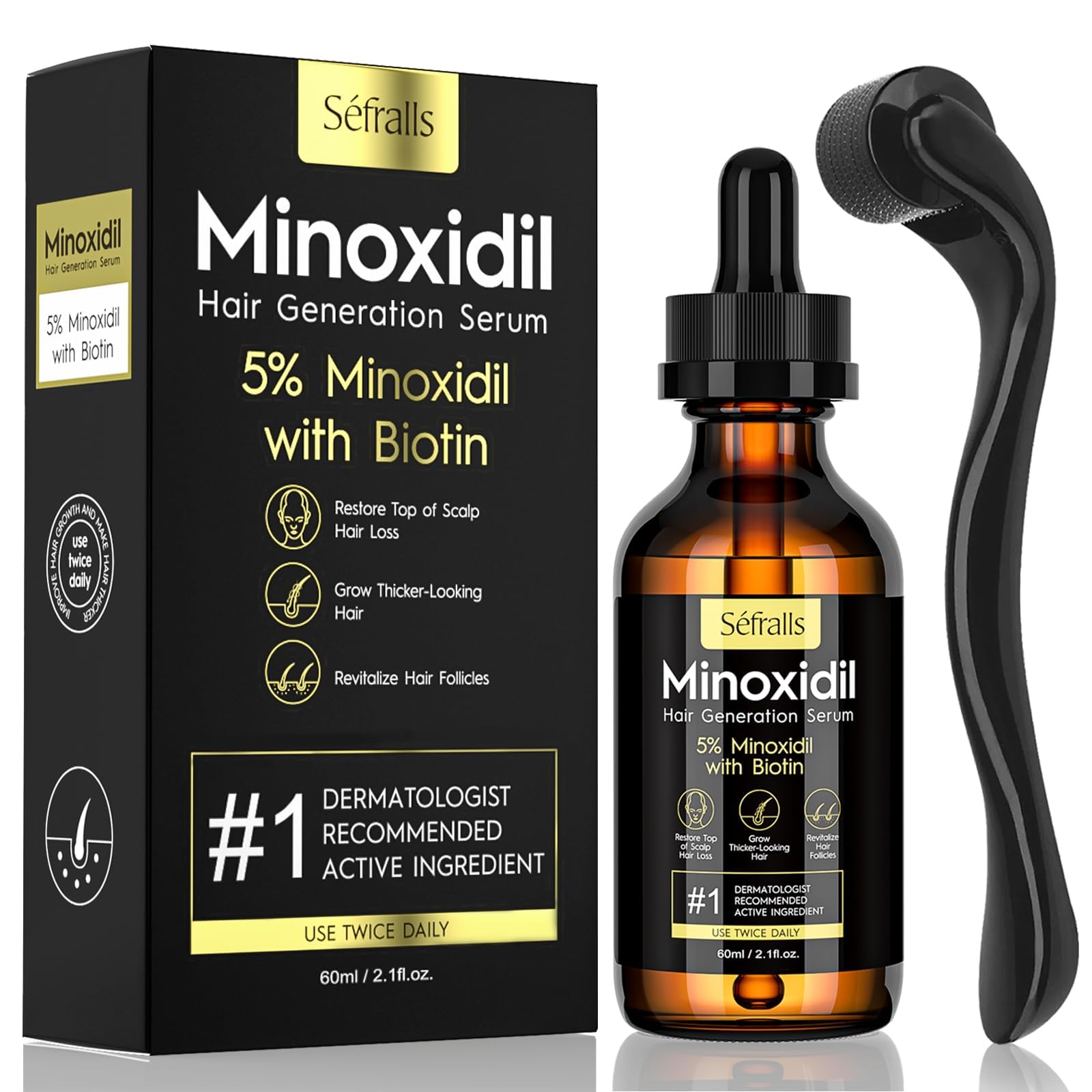Sefralls 5% Minoxidil oil bottle for a fuller hair look.