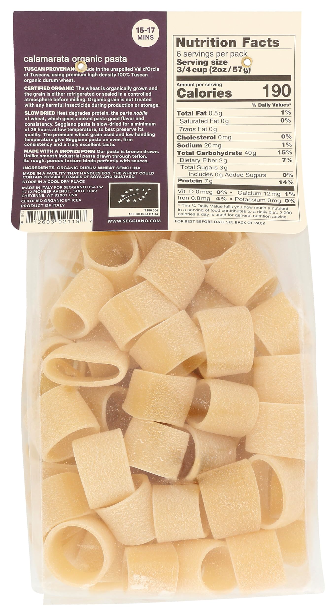Seggiano Organic Calamarata pasta close-up of dry ribbons ideal for hearty sauces.