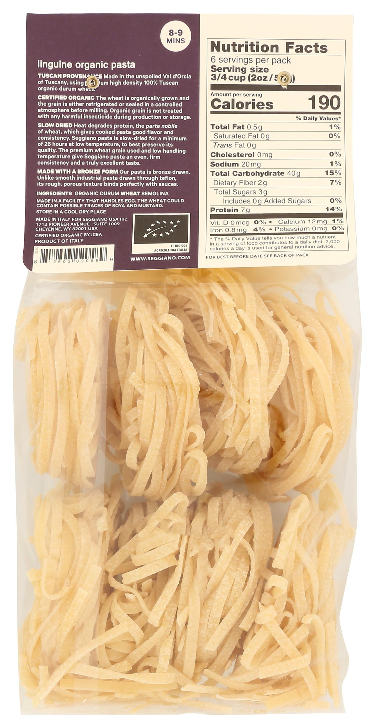 Seggiano organic linguine pasta uncooked strands — perfect for al dente sauces.