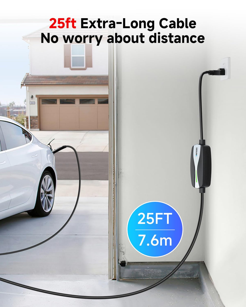 SEGUMA 25ft extension cable provides flexible reach for at-home or public stations.