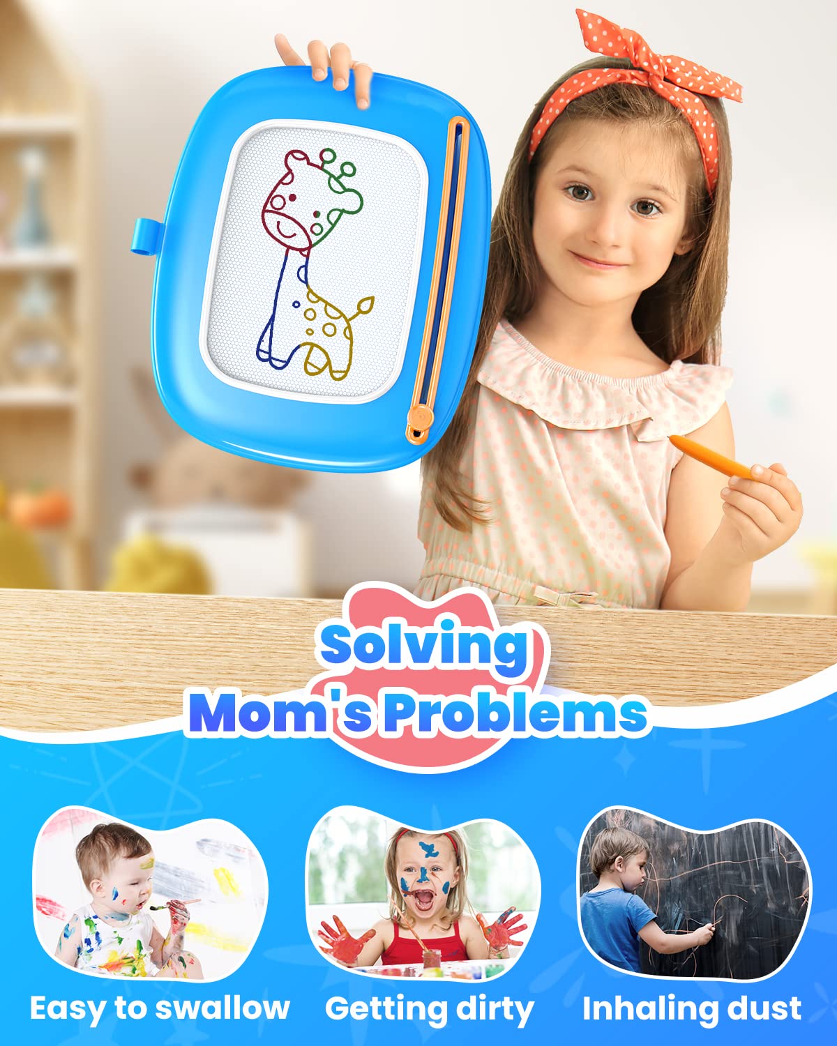 Seimome easy erase mechanism blue board for quick cleanups between drawings.