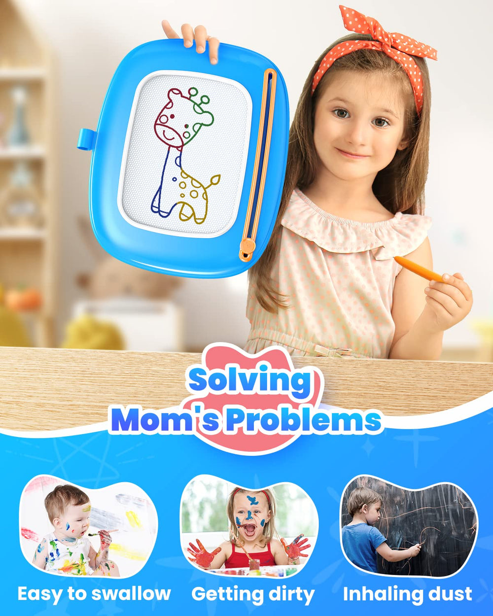 Seimome easy erase mechanism blue board for quick cleanups between drawings.