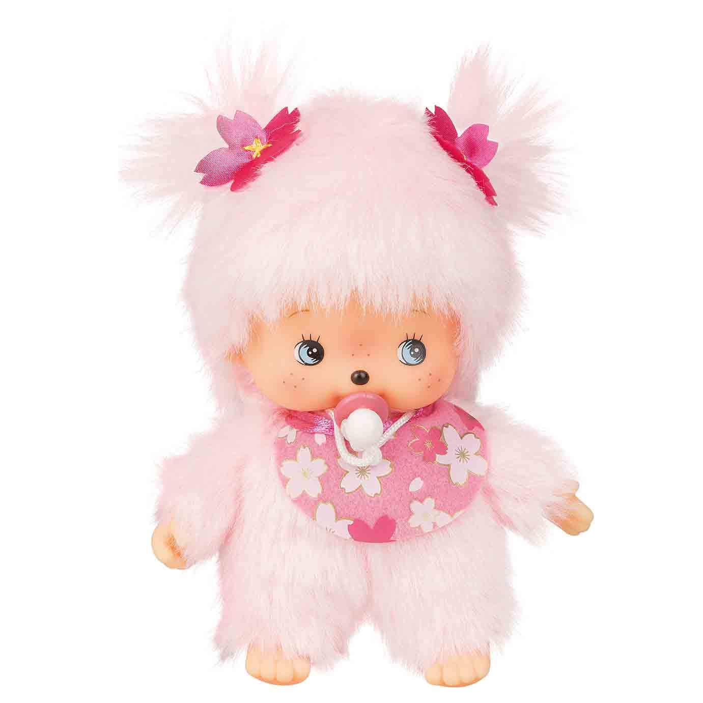 Sekiguchi Monchhichi Bebichichi Cherry Blossom bib, pink plush and decorative charm.
