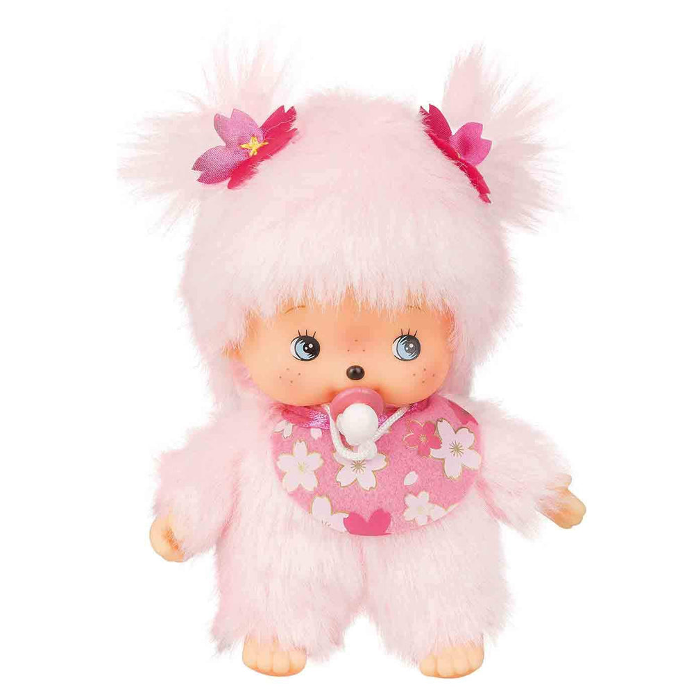 Sekiguchi Monchhichi Bebichichi Cherry Blossom bib, pink plush and decorative charm.