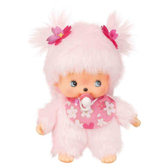 Sekiguchi Monchhichi Bebichichi Sakura pink plush with cherry blossom bib, ideal for cuddles.