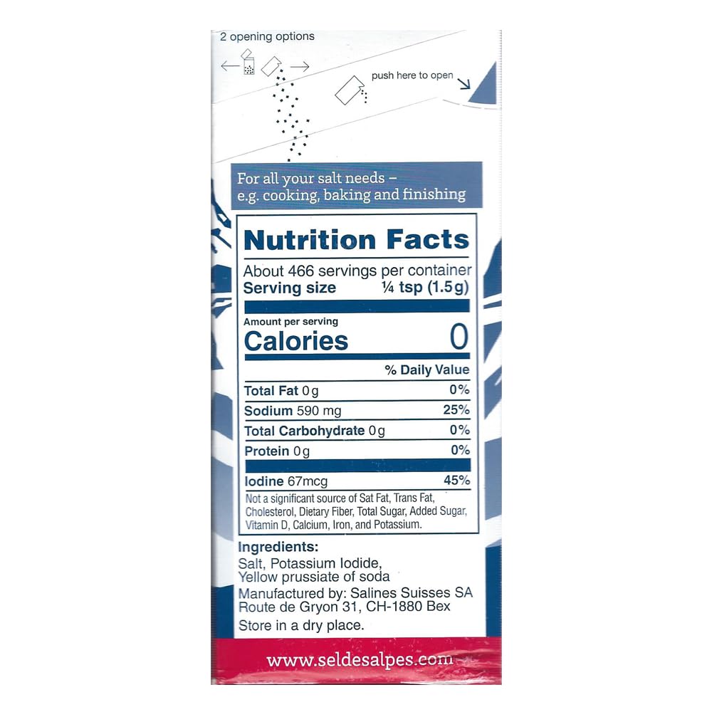 SEL DES ALPES iodized fine salt kitchen top view highlights clean, versatile flavor enhancer.