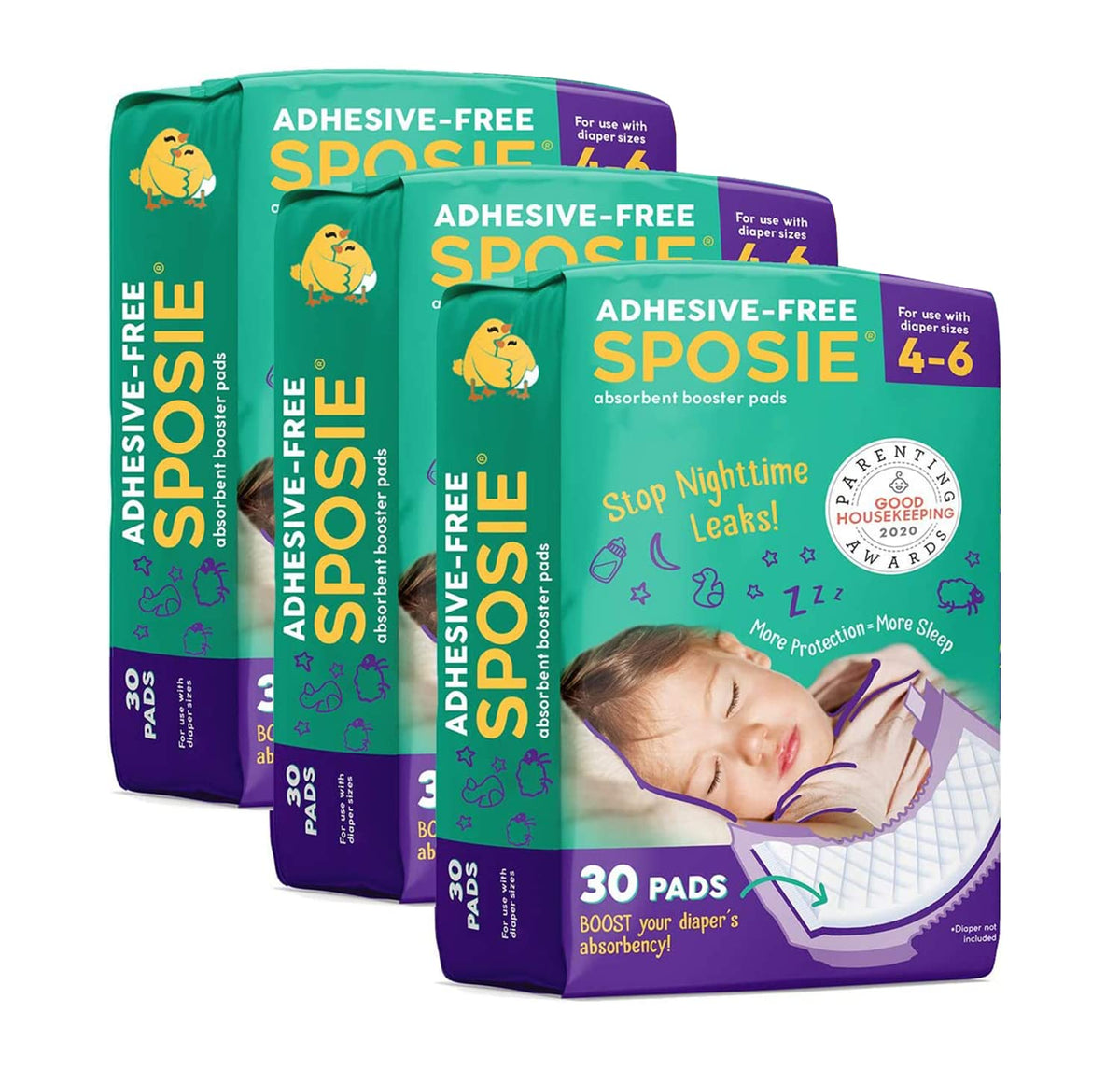 Select Kids Sposie overnight booster pad inside diaper for extended absorbency.