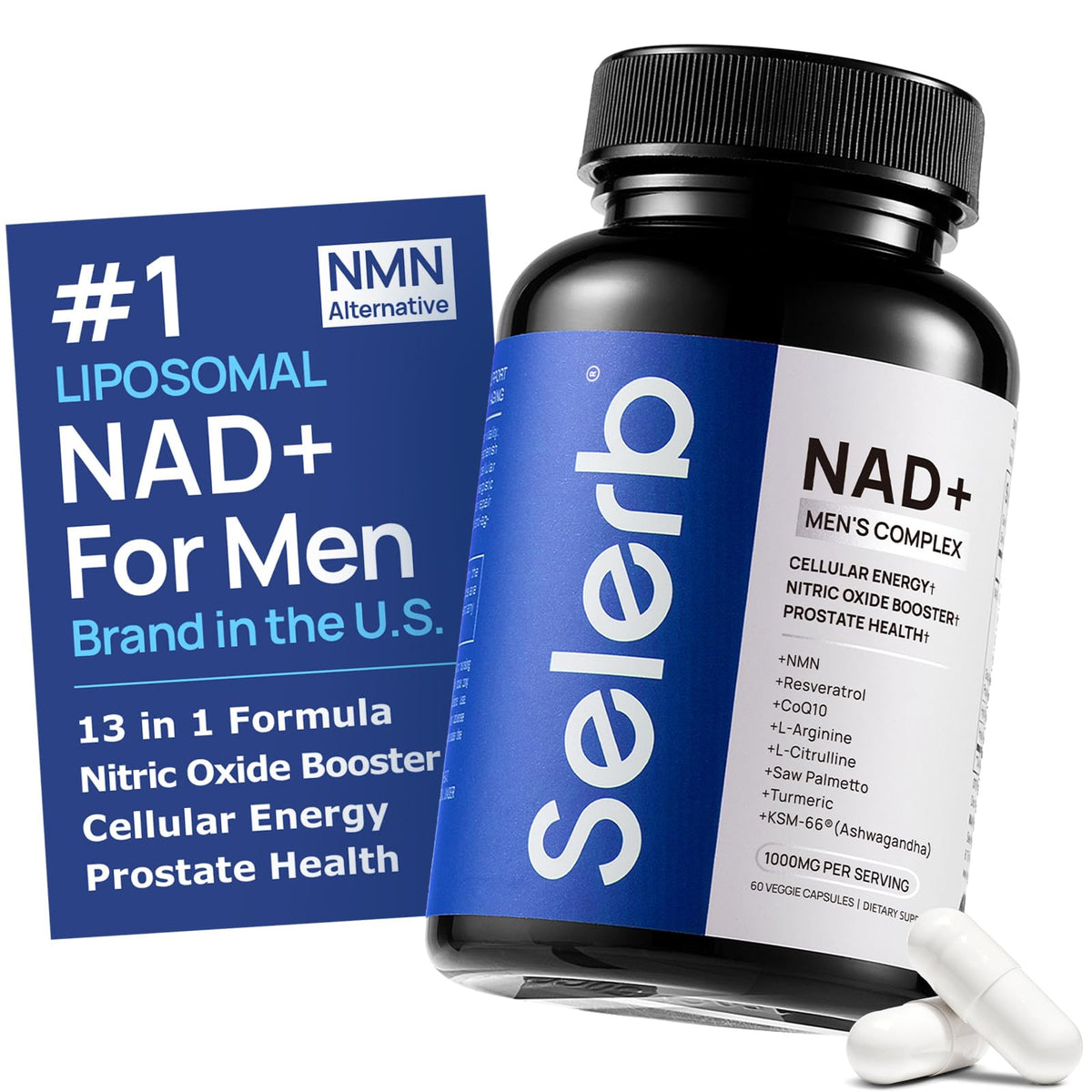 Selerb NAD supplement for men bottle label highlights liposomal NAD+ benefits