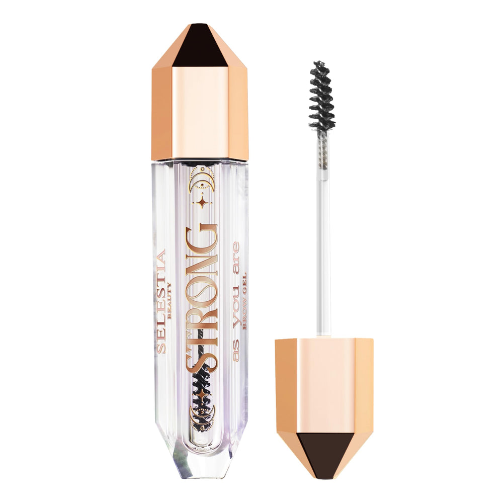 Selestia Beauty Clear Eyebrow Gel bottle demonstrates long-lasting hold for neat brows.