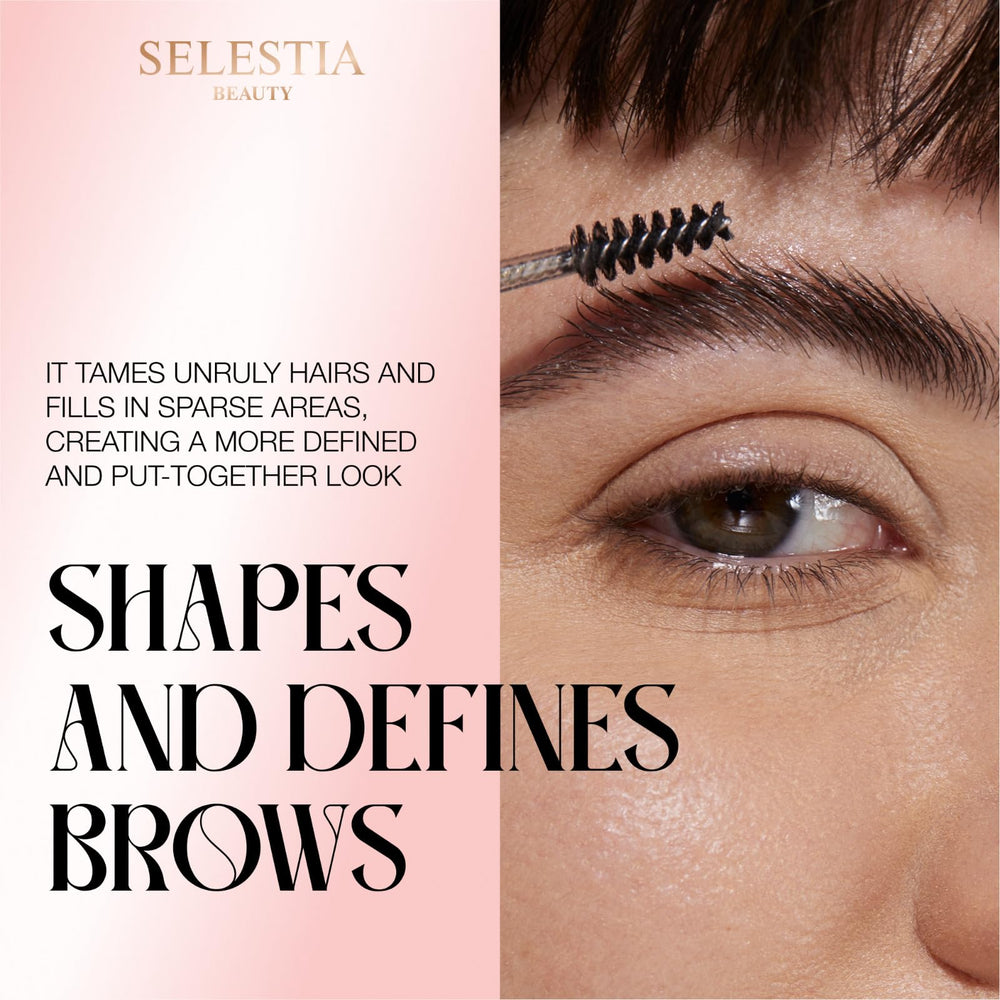 Selestia Beauty Clear Eyebrow Gel close-up shows brow hairs tamed with the wand.