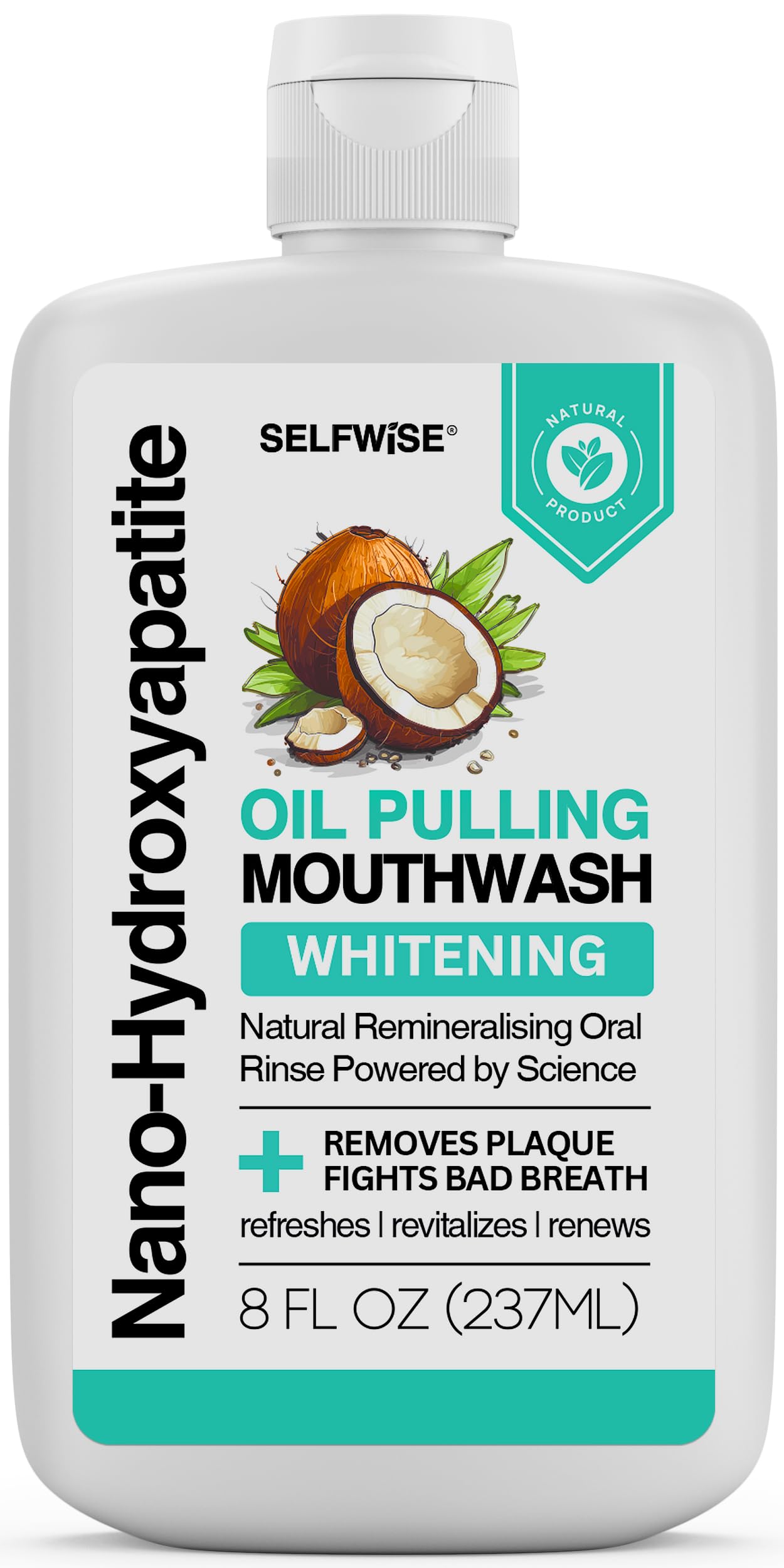 SELFWISE nano-hydroxyapatite oil pulling bottle demonstrating enamel support and whitening potential