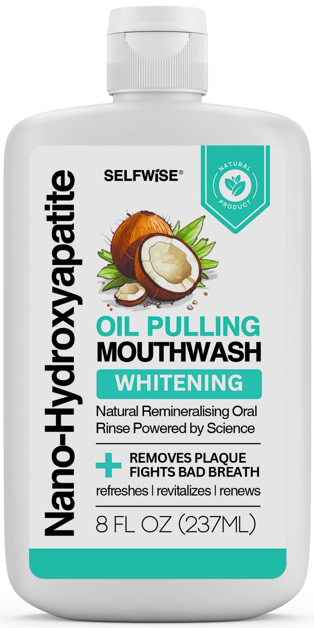 SELFWISE nano-hydroxyapatite oil pulling bottle demonstrating enamel support and whitening potential