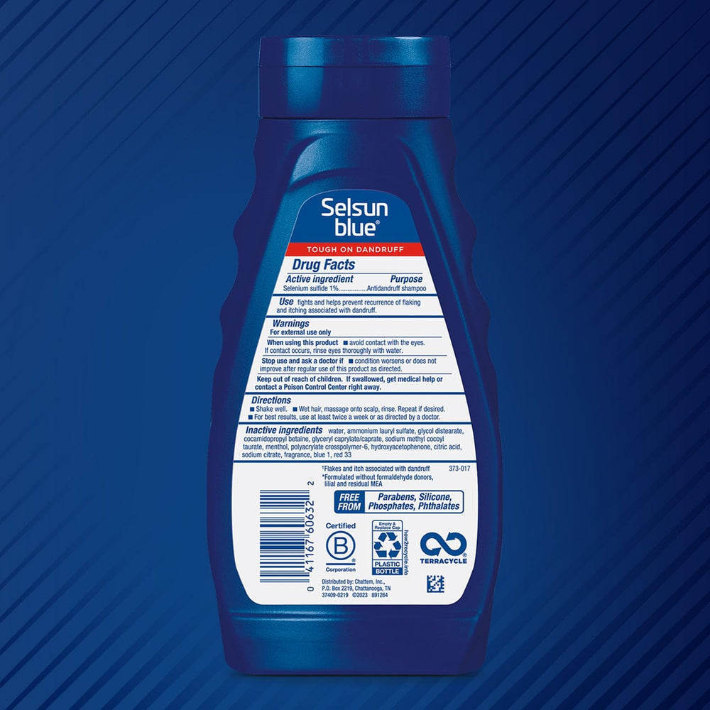Selsun Blue medicated shampoo bottle pour captures quick-lather cleansing.