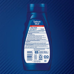 Selsun Blue medicated shampoo bottle pour captures quick-lather cleansing.