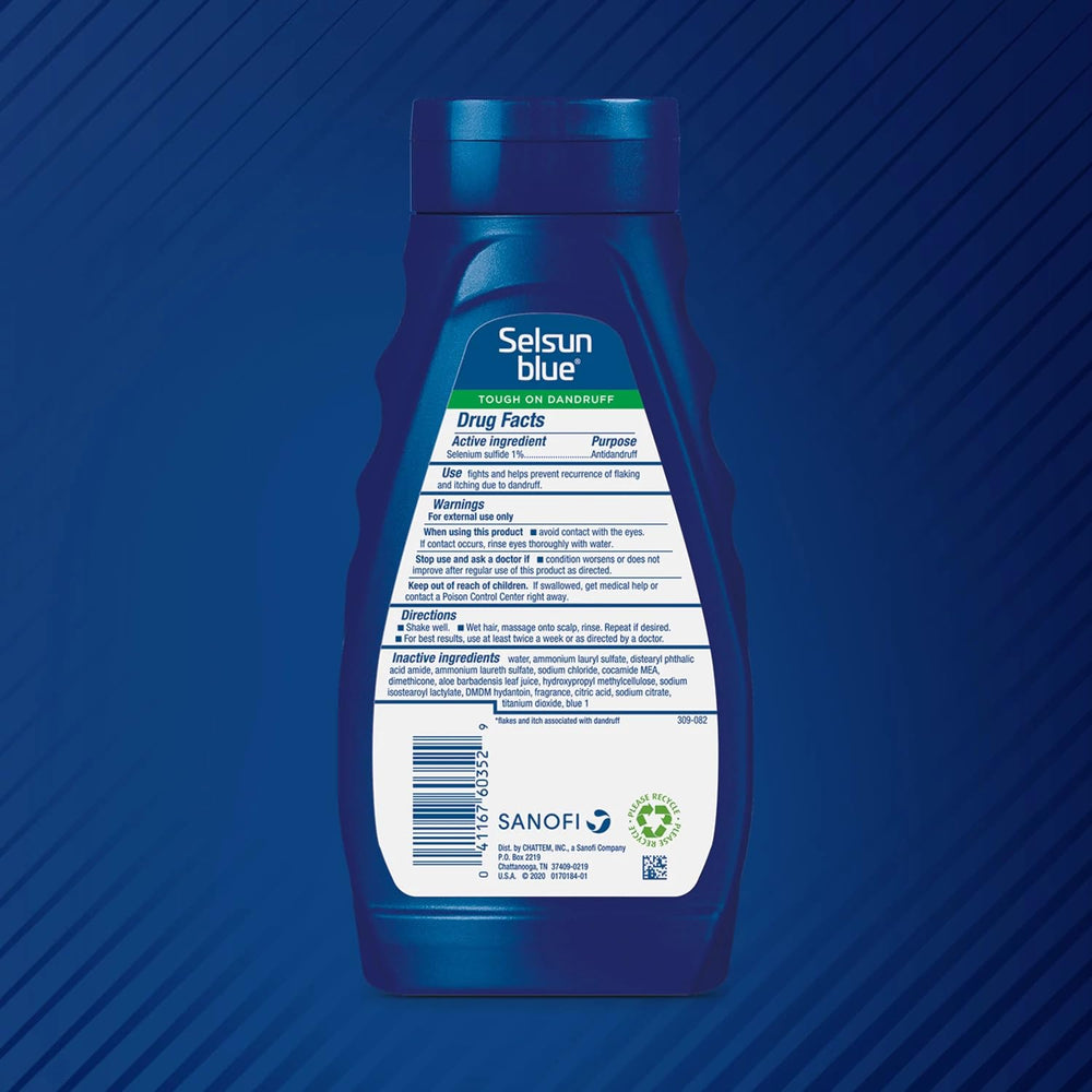 Selsun Blue shampoo bottle with aloe nourishes dry hair and scalp.