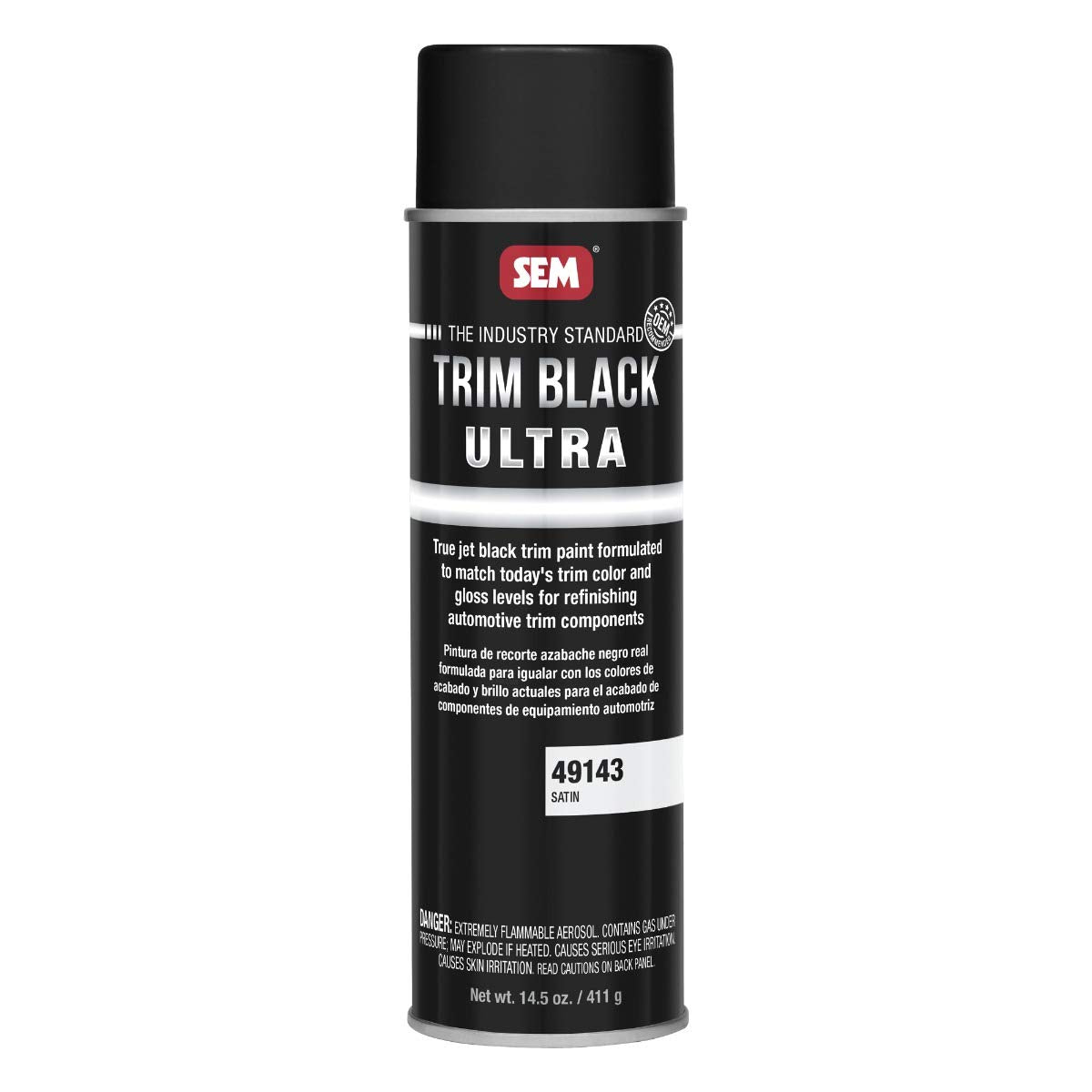 SEM 49143 Trim Black Ultra spray can with satin finish for metal and plastic surfaces