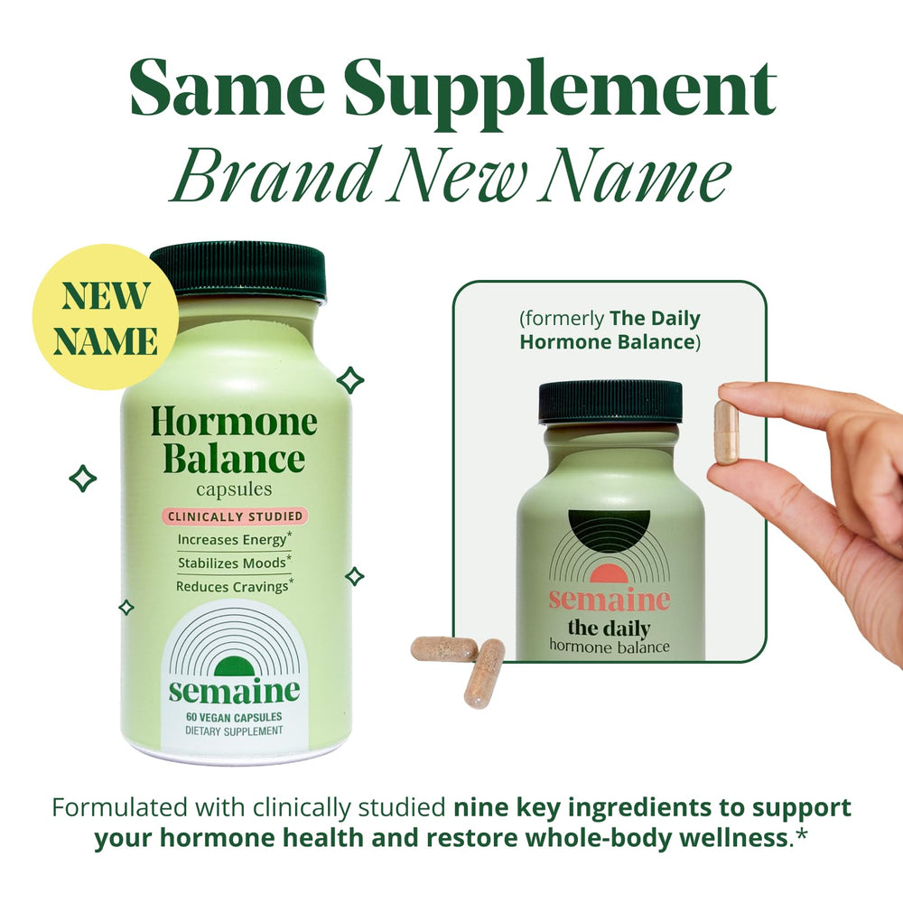 Semaine Hormone Balance packaging and label highlighting hormone-free formulation for daily balance.