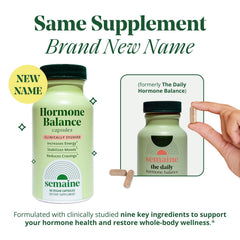 Semaine Hormone Balance packaging and label highlighting hormone-free formulation for daily balance.