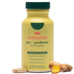 Semaine bottle of Super Powered Prebiotic + Probiotic for Women on the counter promoting gut balance.