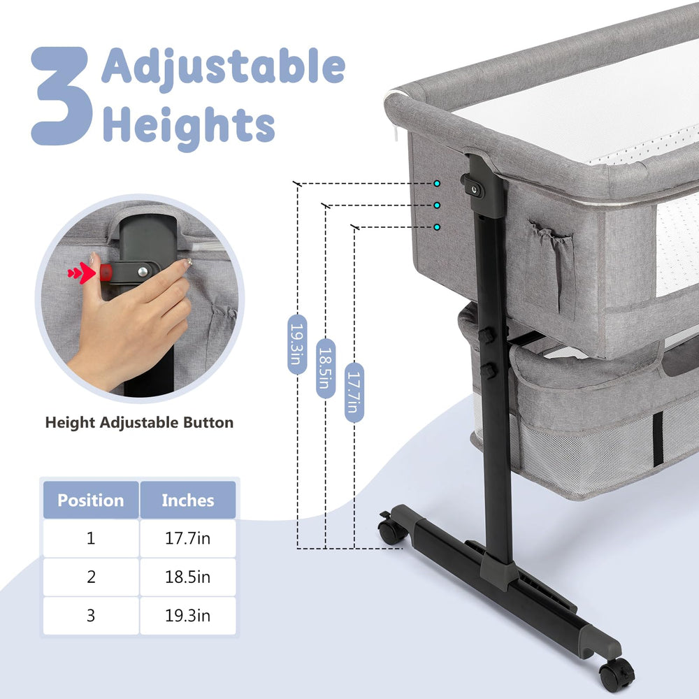 Semphis bassinet at adjustable height aligned with bed for easy reach